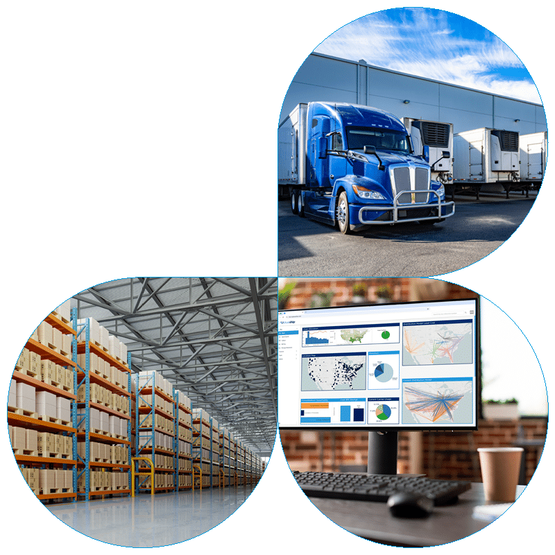 three petals with images inside featuring a warehouse, loading dock, and inventory screen