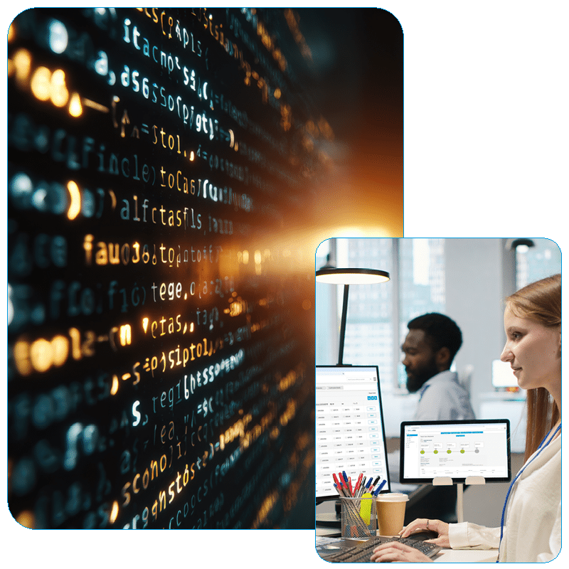 Logistics professional using BlueShip software over a background of abstract glowing digital data code