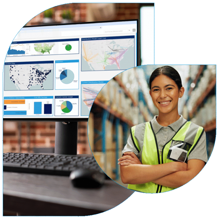 Composite image of the BlueShip logistics platform and a smiling female warehouse team member