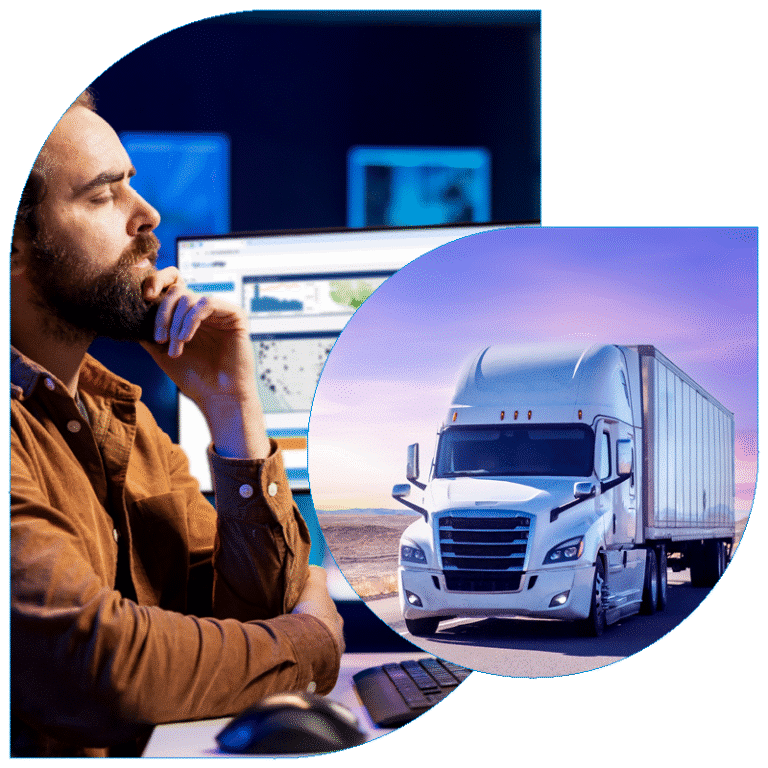 Strategic logistics analyst planning with a superimposed white semi-truck driving at dawn.