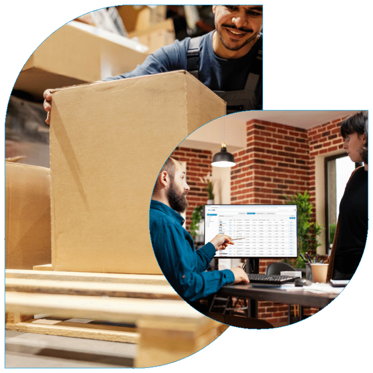 Warehouse worker moving boxes on a pallet with an overlay of office staff using BlueShip logistics software