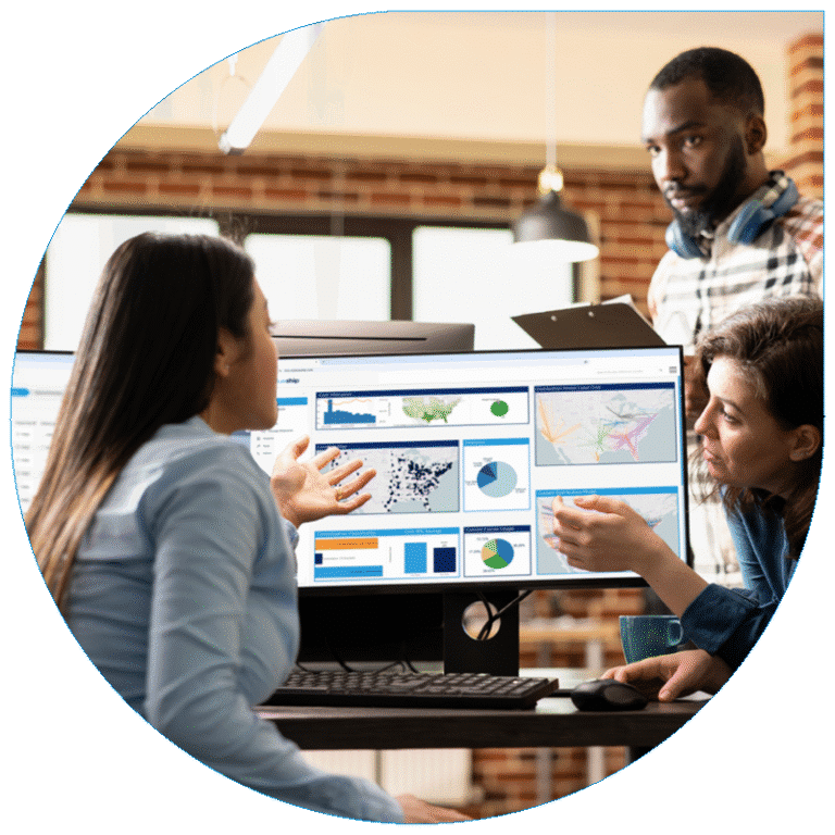 Diverse team collaborating over BlueShip logistics dashboards in a circular blue-bordered frame