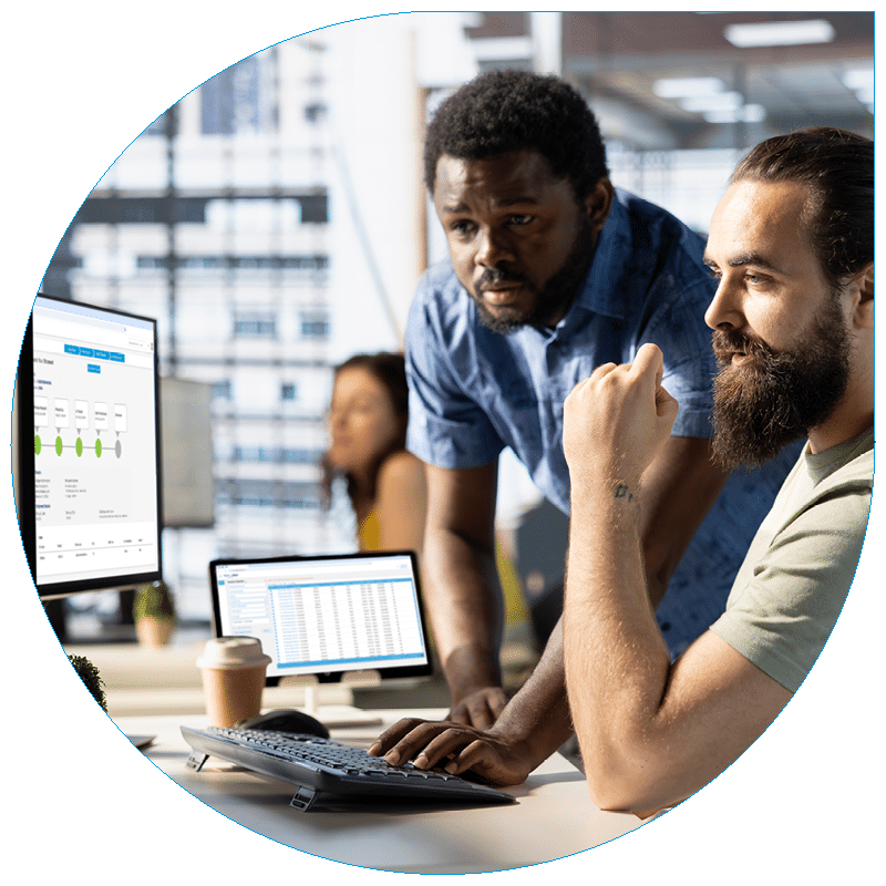 blueship screen and 2 employees