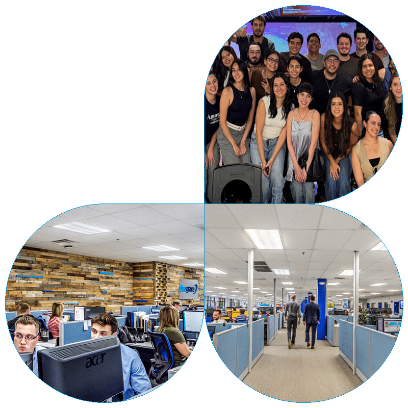 Professional multi-view composite highlighting a modern office environment, featuring a team photo of diverse employees, a focused workspace with dual monitors, and a bright open-plan office corridor.