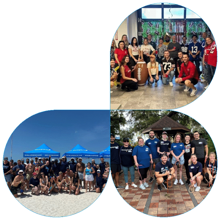 A professional multi-view composite highlighting a vibrant company culture through team-building events, including a beach gathering, an office celebration, and a community volunteer project.