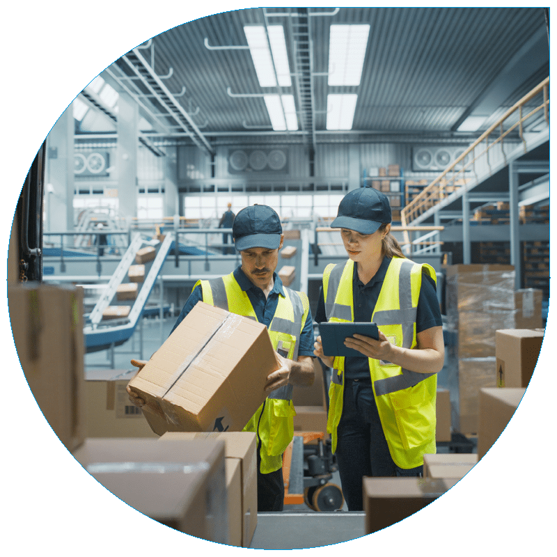 Two warehouse workers in yellow safety vests and caps reviewing a parcel package.