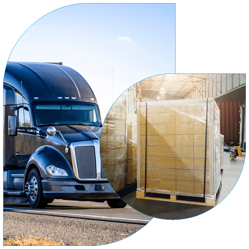 Black freight tractor and Pallet of boxes