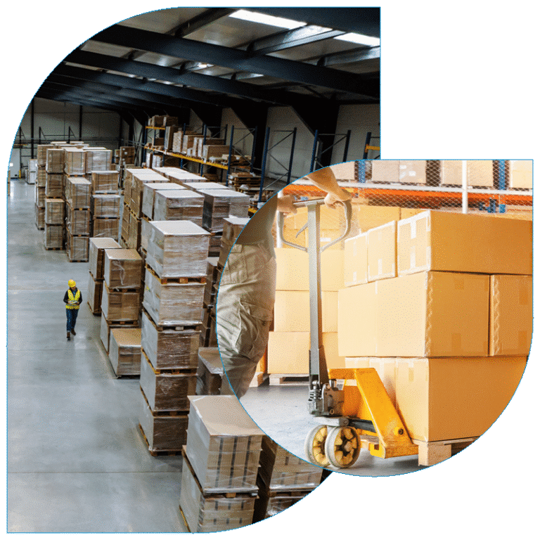 Warehouse of Less-Than-Truckload (LTL) shipping pallets and pallet jack