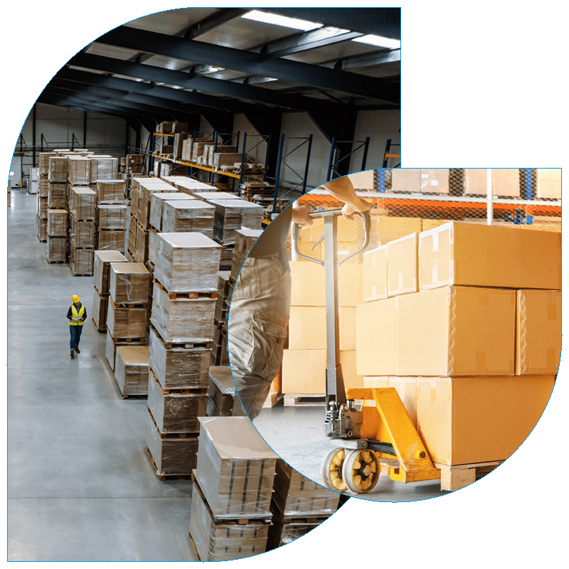 Warehouse of Less-Than-Truckload (LTL) shipping pallets and pallet jack