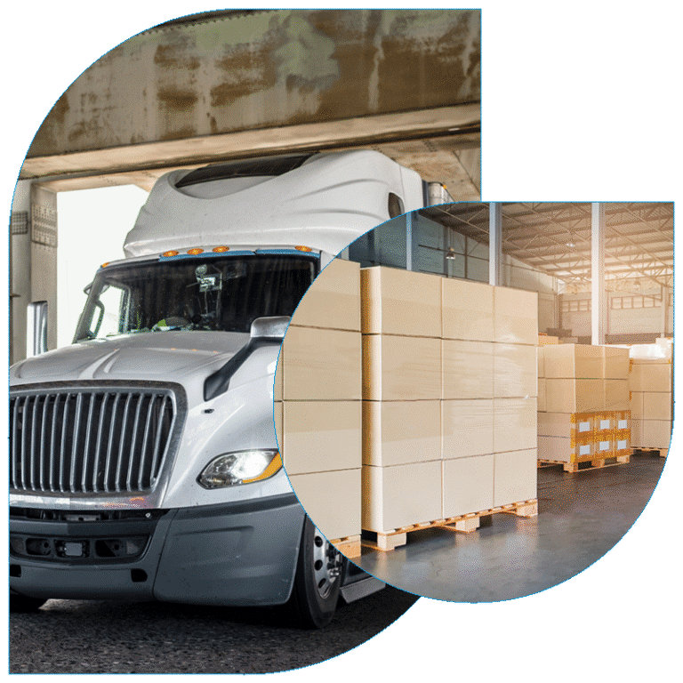 White freight tractors and pallet of boxes