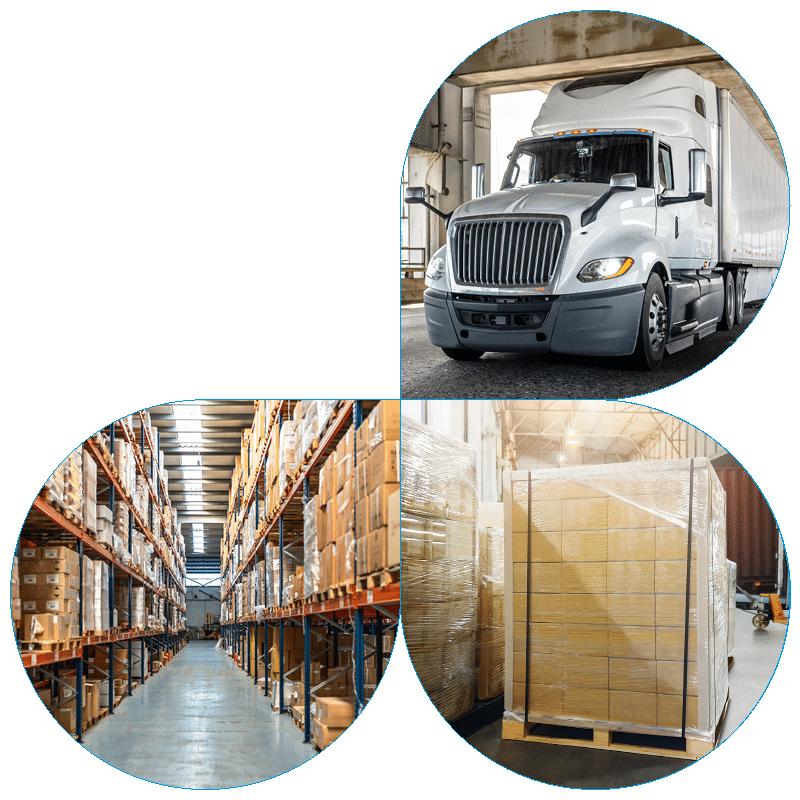 A professional multi-view composite showcasing regional freight transport, high-capacity warehouse storage, and palletized inventory staging for fulfillment.