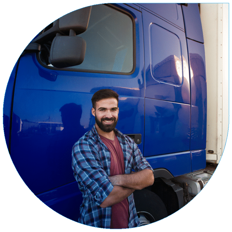 A confident, professional commercial driver representing a reliable transportation team and high-quality fleet.