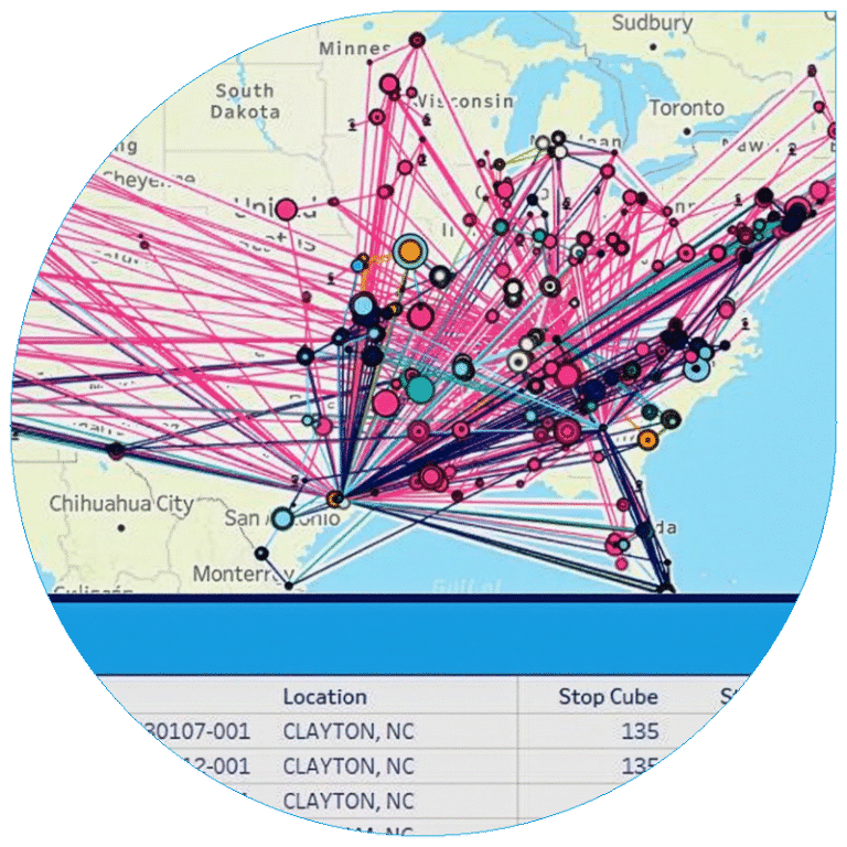 A complex digital supply chain map of North America featuring dense networks of interconnected data points and transit lines.