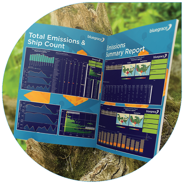 Interior spread of a BlueGrace sustainability brochure titled "Total Emissions & Ship Count" and "Emissions Summary Report,"