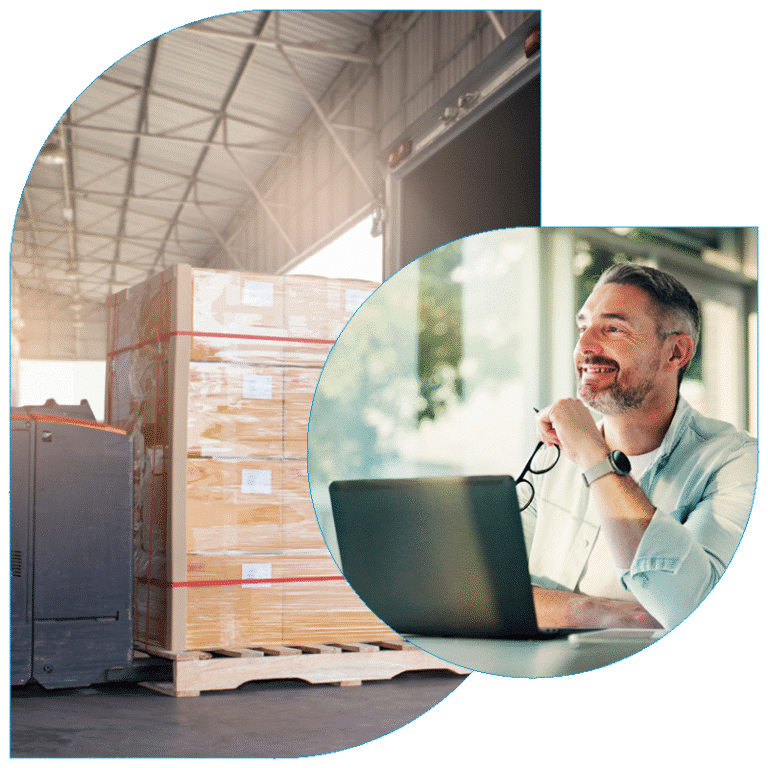 Composite image showing a large pallet of goods being moved by a forklift in a bright warehouse next to a smiling professional man working at a laptop.