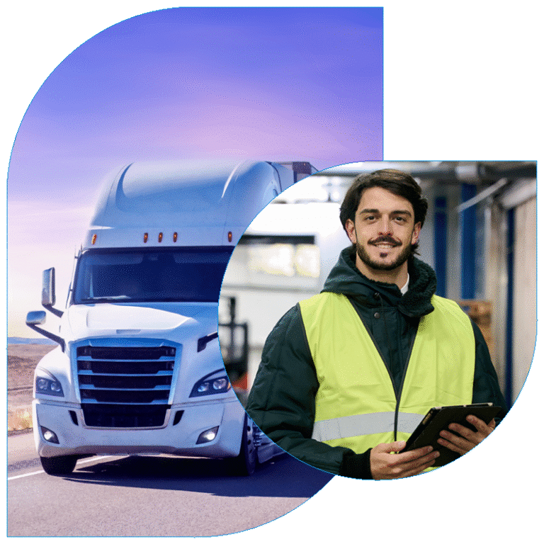 Composite image of a white semi-truck driving on a highway at sunset alongside a portrait of a smiling logistics worker in a safety vest holding a tablet.