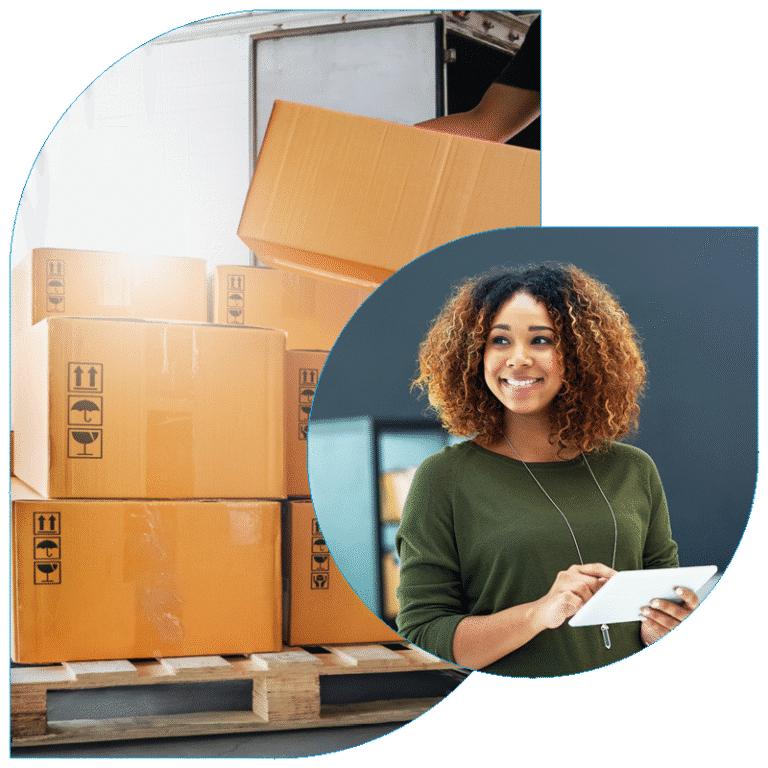 Composite image of a worker loading cardboard boxes onto a pallet next to a portrait of a smiling young professional woman with curly hair using a digital tablet.