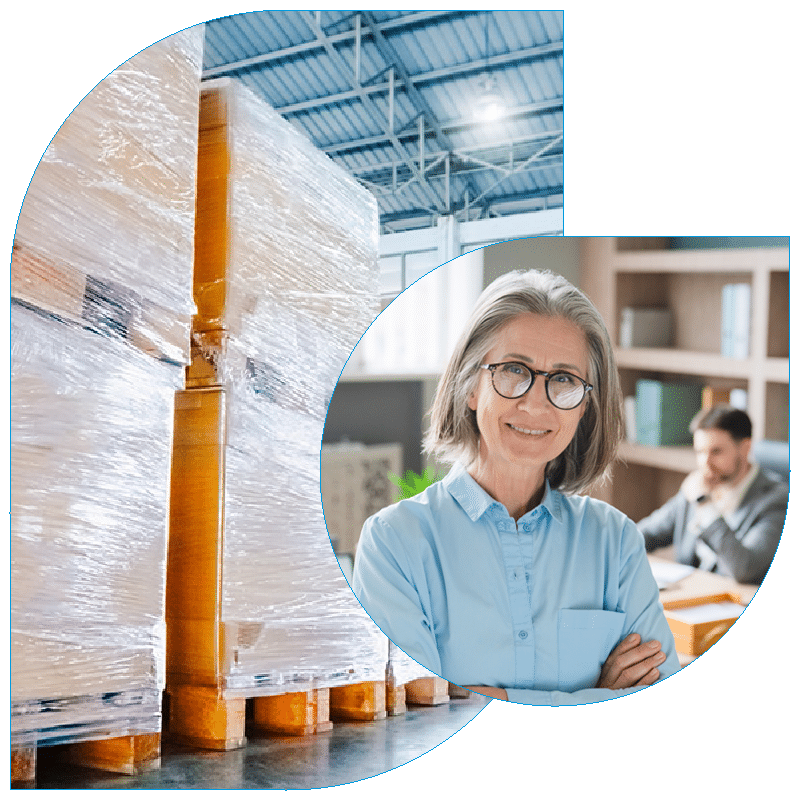 Composite image featuring tall stacks of shrink-wrapped pallets in a clean warehouse next to a portrait of a smiling senior professional woman with grey hair and glasses.