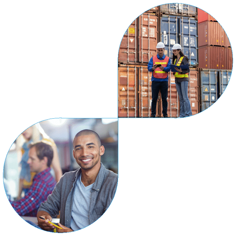 Composite image featuring two logistics workers in hard hats and safety vests standing in front of stacked shipping containers, paired with a portrait of a smiling male professional in a grey shirt.