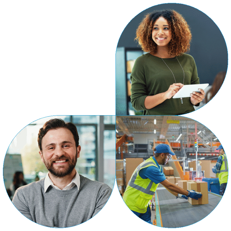 Composite image showcasing a professional woman with curly hair using a digital tablet, a smiling businessman in a grey sweater, and warehouse workers processing packages on a conveyor belt.