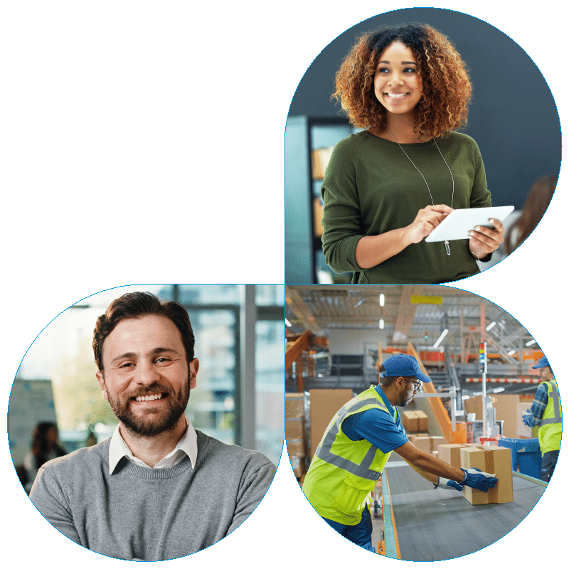 Composite image showcasing a professional woman with curly hair using a digital tablet, a smiling businessman in a grey sweater, and warehouse workers processing packages on a conveyor belt.