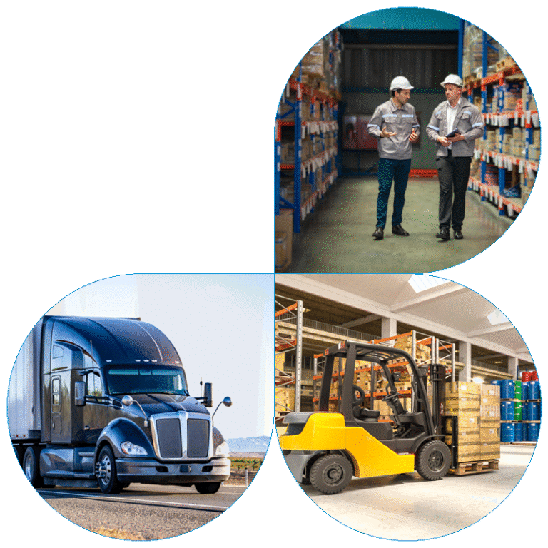 Three-way composite image featuring a dark blue semi-truck on the highway, a yellow forklift moving palletized goods in a warehouse, and two logistics supervisors in hard hats walking through a distribution center.