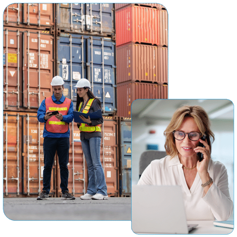 Composite image featuring a close-up of a worker pulling a manual pallet jack loaded with cardboard boxes next to a portrait of a smiling male professional working at a laptop.