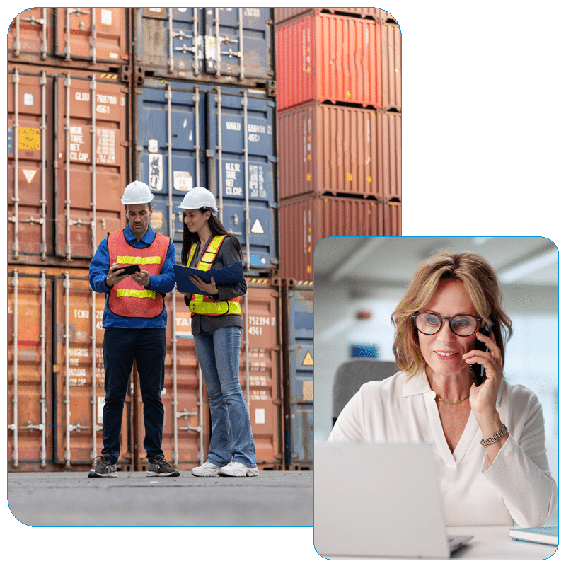 Composite image featuring a close-up of a worker pulling a manual pallet jack loaded with cardboard boxes next to a portrait of a smiling male professional working at a laptop.