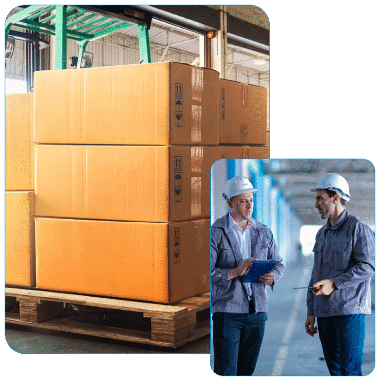 Composite image featuring a tall stack of cardboard shipping boxes on a wooden pallet in a warehouse loading dock, paired with two logistics supervisors in white hard hats discussing data on a digital tablet.