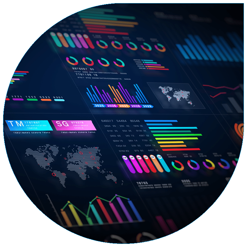 An intricate digital logistics dashboard featuring a world map with global tracking points, multi-colored bar charts, and circular progress metrics for supply chain analytics.