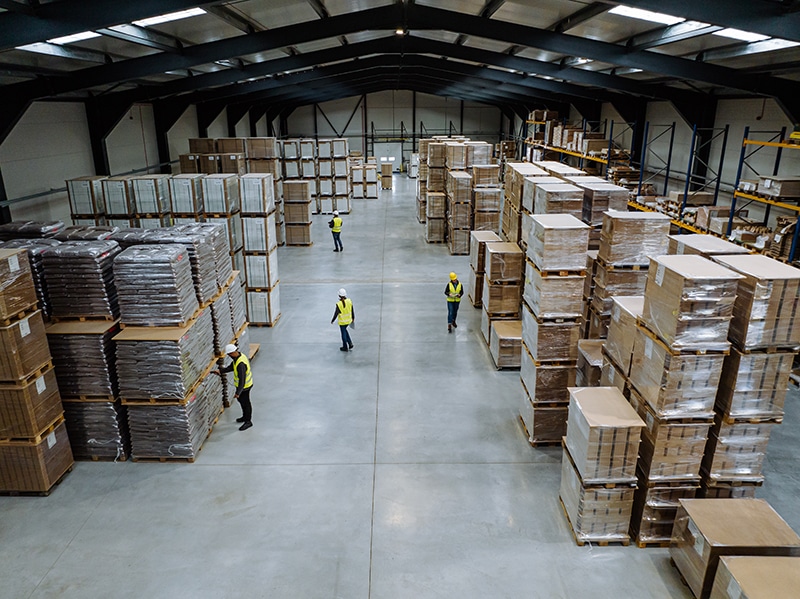 Employees in modern industrial factory with warehouse.