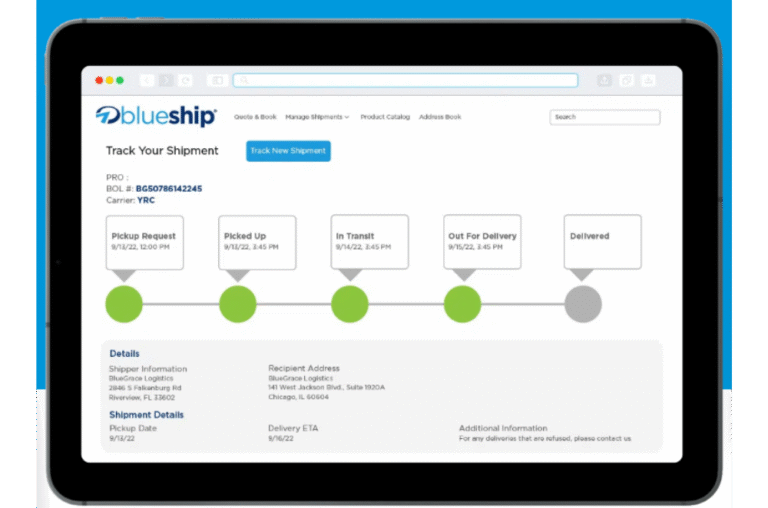 BlueShip Platform Tracking screen on tablet