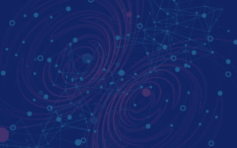 A dark blue-tinted abstract conceptual image featuring glowing nodes and interconnected data lines forming swirling patterns and geometric network structures.