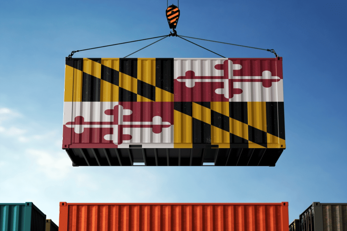 Freight containers with Maryland flag, clouds background
