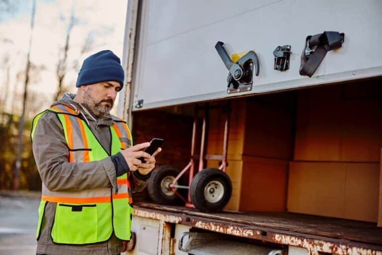 truck driver looking at phone after loading trailer