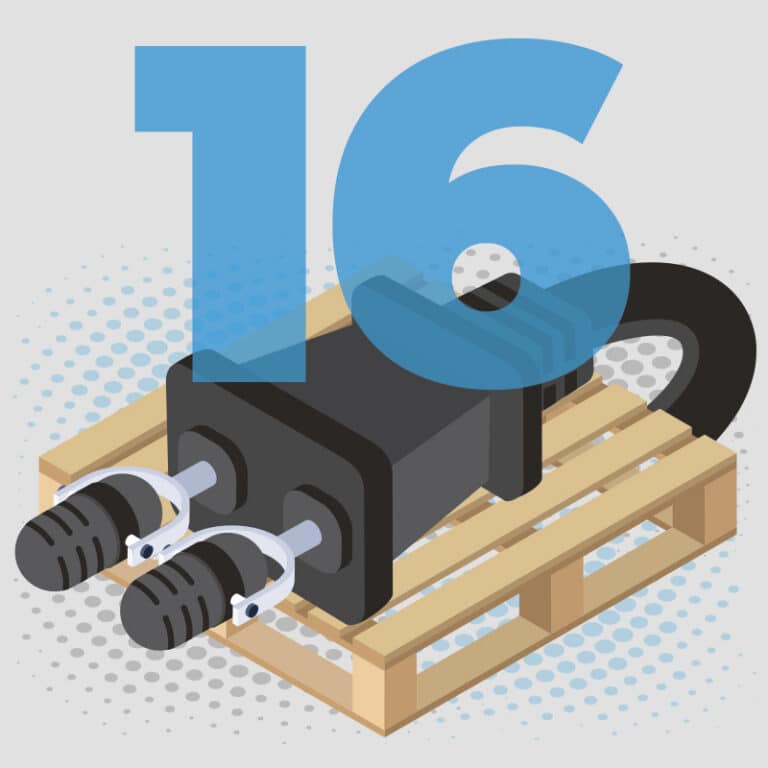 Illustration of a large black electrical plug sitting on a wooden pallet with a blue number sixteen.