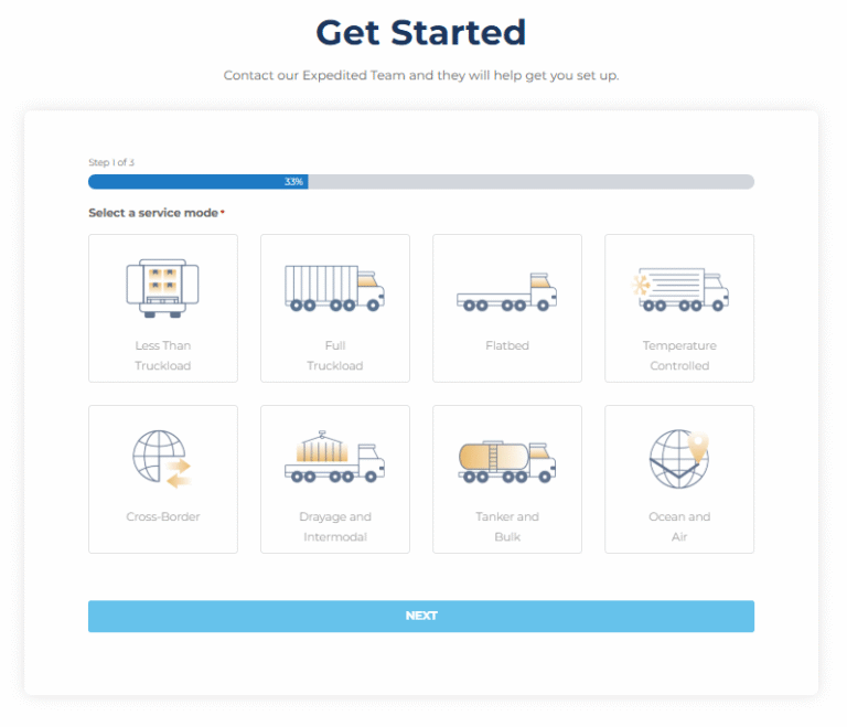 A digital "Get Started" interface for selecting shipping service modes.