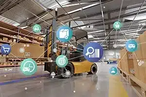 A warehouse interior with a yellow forklift in the center, overlaid with a network of digital icons representing shopping, tracking, timing, and global logistics.
