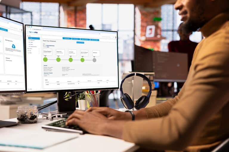 Close up of venture business manager using isolated screen computer, developing innovative growth strategy