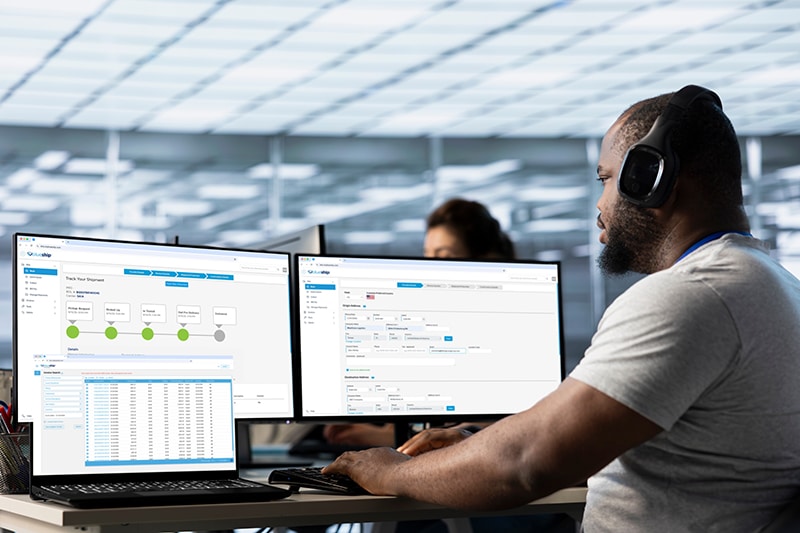 Logistics professional using BlueShip software on dual monitors at a modern office workstation