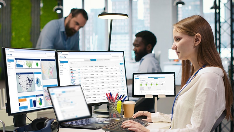 Woman using BlueShip logistics software on multiple monitors in a modern collaborative office with colleagues