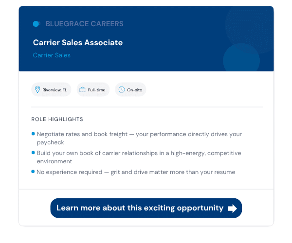 Carrier Sales Associate Tampa Florida Career Info Card
