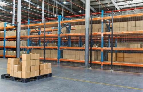 Distribution and fulfillment logistics warehouse shelving system with organized inventory
