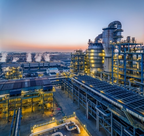 Industries aerial view of a chemical plant during the evening