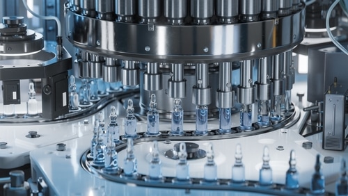 Manufacturing conveyor belt with medicine vials being filled