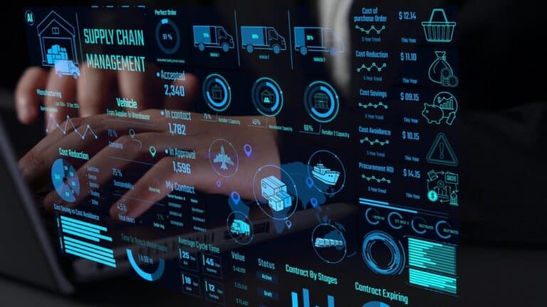 Supply chain management screen showing logistics dashboard and data analytics
