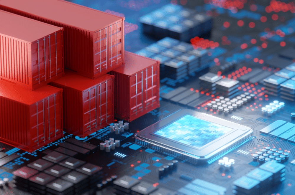 Circuit board with miniature cargo containers representing logistics business intelligence and data analytics