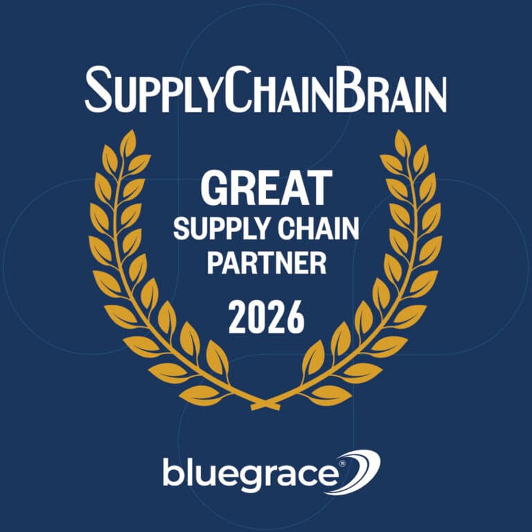 BlueGrace Logistics graphic featuring the SupplyChainBrain 2026 Great Supply Chain Partner award seal on navy blue.