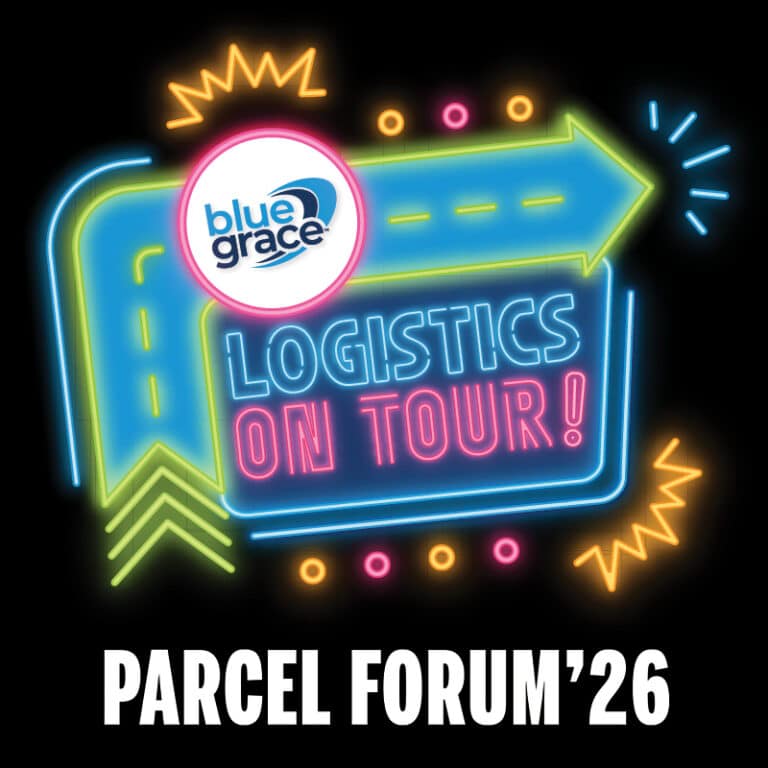 Neon sign artwork reading "Logistics On Tour!" with BlueGrace logo badge above PARCEL FORUM '26 text.
