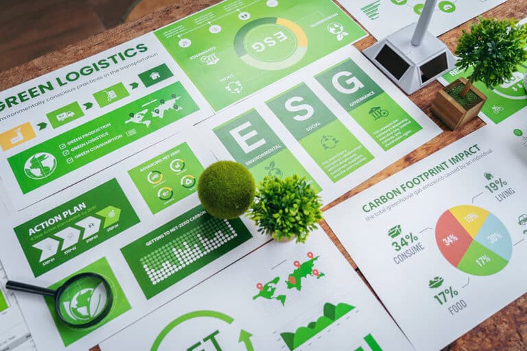 High-angle view of green logistics, ESG framework, and carbon footprint strategy documents spread across a wooden table.